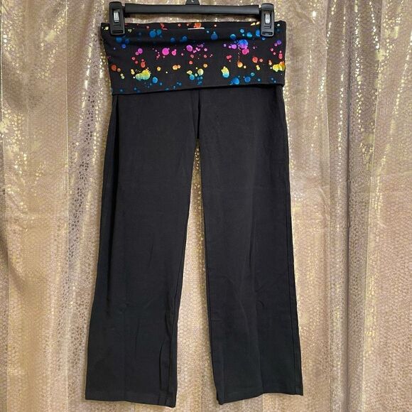 VTG PINK Y2K Rhinestone Metallic Paint Splatter Fold Over Capris XS - Picture 2 of 7